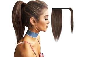 FESHFEN Coda Finta Capelli Extension, 30 cm Coda di Cavallo Extension Coda Capelli Lisci Lungue Sintetica Wrap Around Ponytail Extension, Marrone medio e ramato chiaro misto