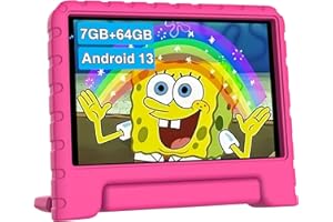 JUSYEA 2024 Newest Tablette Enfants 7 Pouces Android 13 7 Go RAM+64Go ROM(512Go TF), WiFi 6 | GPS | Play Store, Double Caméra, Contrôle Parental, Jeux éducatifs pour Enfants, Cas en EVA - Rose