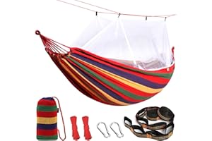 Anyoo Bawełniany hamak z moskitierą i paskami na drzewo, oddychający hamak siatkowy do ogrodu, na podwórko, kemping, wędrówki, wędrówki z plecakiem