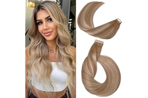 YDDM Extensiones Adhesivas Pelo Natural Castaño Claro Con Rubio Dorado 40pcs 50cm 100g Cabello Humano (20Inch,10/10/22#)