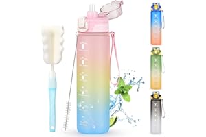 CodiCile Große Trinkflasche 1L, Motivations-Sportwasserflasche BPA-frei, Auslaufsicherer Trinkflasche mit Strohhalm & Bürste,Tragbarer Fitnessstudio-Wasserflasche mit Zeitmarkierung für Damen Herren