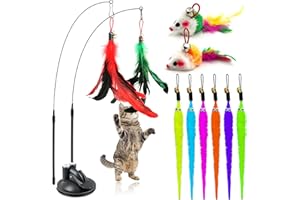 ROSAUI Interactive Cat Toys - 10 Feather Tease Toy Refills, 2-in-1 Function Cat Wands, 1 Dual Ports Suction Cup Base - Endless Fun and Stimulation for Your Feline Friends