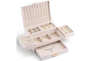 Vlando Large Jewellery Box, 3 Tier Jewellery Organiser with Drawer, Box & Organiser with Retractable Tray for Necklaces, Rings, Bracelets, Earrings,Gifts for Women,Pink