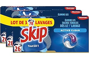 Skip Lessive liquide en capsules Active Clean 3 en 1 - 78 lavages - résultat impeccable et fraîcheur longue durée - sans emballage plastique (lot de 3x26)