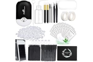 DNSGOOR Kit Extensión Pestañas Accesorios Lash 0.07D Curl Mix 7-15mm USB Lash Ventilador Almohadilla de Silicona Cepillo de Champú Rímel Pincel Parche Ojos Pinza Cinta Lavado Botella Anillo pegamento (Negro)
