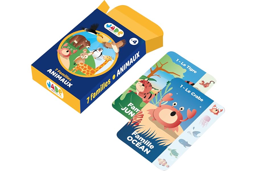 J.A.D.E - Jeu de 7 Familles sur Le Theme des Animaux - Jeu de Cartes - 142121-54 Cartes - Multicolore - Cartonné - Design Fra