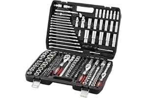 TEENO 216 Piezas Juego de llaves de vaso y puntas de destornillador con 1/4", 3/8", 1/2", Kit de Herramientas Mecánicas para el Auto, CR-V con acabado cromado mate para Trabajar en Bicicletas y Coches