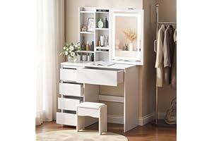 ZBAUK Dressing Table with LED Lighting Mirror, 3 Lighting Modes Adjustable Brightness,Vanity Table,Makeup Desk with 5 Drawers and 3 Storage Shelves, Modern White