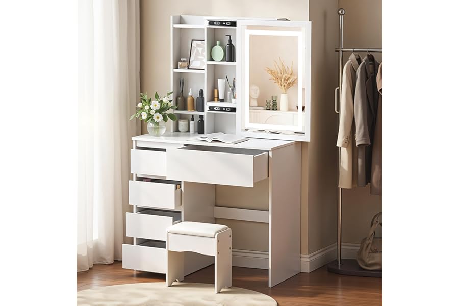 ZBAUK Dressing Table with LED Lighting Mirror, 3 Lighting Modes Adjustable Brightness,Vanity Table,Makeup Desk with 5 Drawers and 3 Storage Shelves, Modern White (Q2)