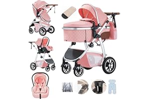 Lnhcrbs Kinderwagen 3 in 1, Baby Kinderwagen ist mit Einstellbarer Höhe Griff, Bergsteiger Kinderwagen mit Anti-Moskitonetz Regen Abdeckung Mumie Tasche Flaschenhalter,for 0-4 Years,22Kg,Rosa