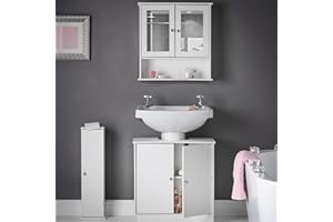 CARME Gatsby 3 Piece Set Bathroom Furniture Free Standing Under Sink Storage Wall Mounted Medicine Cabinet with Mirror, Toilet Roll Holder White
