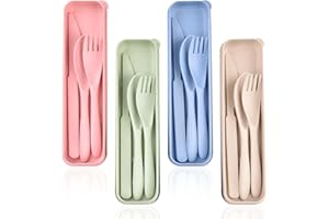 CUAYAES 4 Set Posate da Viaggio con Custodia Portatile, Posate Plastica Riutilizzabili,Coltello, Forchetta, Cucchiaio Set di Posate per Campeggio, Scuola, Pranzo Ufficio (4 Colori)