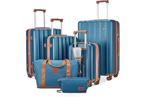 Joyway Valigia Set di valigie a mano 4 pezzi, valigia da viaggio a guscio duro con porta USB e portabicchieri, 4 ruote TSA lock La valigia, Blu Marrone