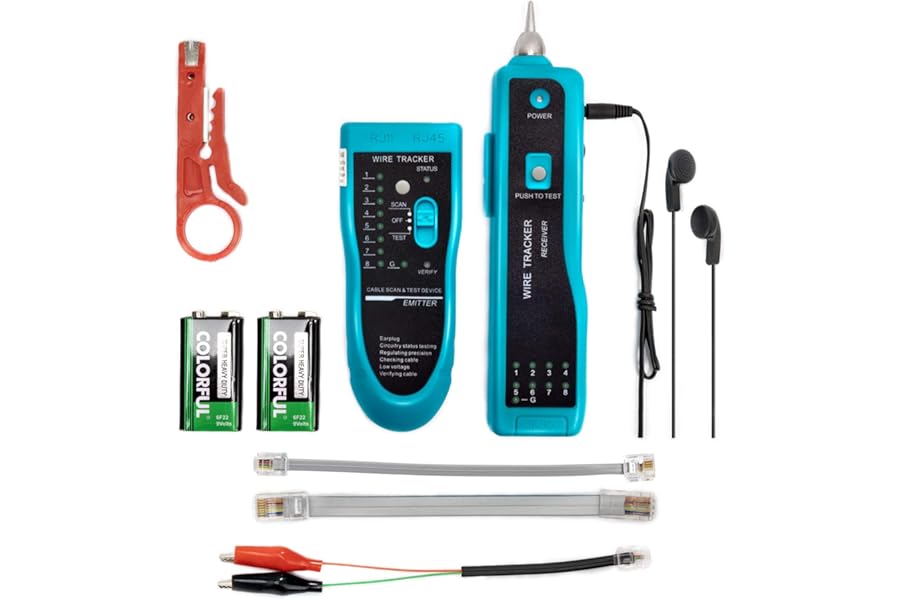9 in 1 Network Cable Tester with Battery,Wire Tracker RJ45 RJ11 LAN Cable Toner Telephone Line Finder Cat5 Cat6 Ethernet Cable Tracer Kit Sensitivity-Adjust Continuity-Check for Cable Collation