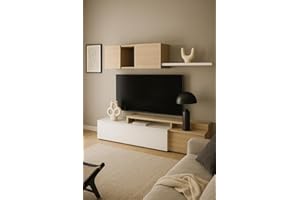 Arreditaly Parete Attrezzata Mobile Soggiorno TV con Mensola Pensile Salotto Legno Base Televisione Sala da Pranzo Design Moderno Modulare Reversibile Adelaide 201 x 41 x 44 Cm (Bianco E Rovere)