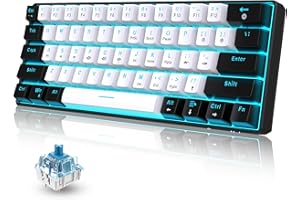 Snpurdiri 60% Wired Mechanical Gaming Keyboard, Ice Blue LED Backlit 61 Keys Mini Wired Office Keyboard for Windows Laptop PC Mac (Black-White, Blue Switches)