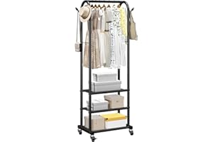 VEVOR Clothes Rack, Rolling Clothing Garment Rack with Hanging Rod and Side Hooks, 3 Storage Shelves, 45 kg Load Capacity, Heavy Duty Carbon Steel Clothing Racks for Bedroom, Laundry, Living Room