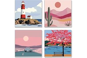 MXJSUA Phare Lever De Soleil Paysage Lot De 4 Kits De Peinture Par Numéros Pour Enfants Avec Cadre Pour Âges 6-12, Motif Peintures À L’Huile Acryliques Pour Décoration Maison 20x20cm