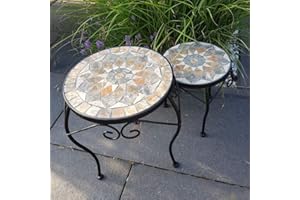 K&L Wall Art Lot de 2 Tables d'appoint pour Balcon et Jardin. 30cm et 24cm de diamètre. Tables en mosaïque de Pierre Faite à la Main. Pratique, Belle et Robuste
