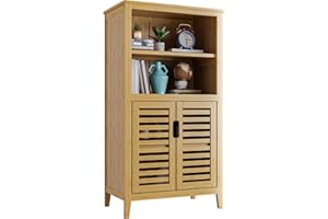 HITNET Bathroom Floor Cabinet, Freestanding Side Storage Organizer Unit with Double Shutter Doors and Movable Shelves, Bamboo Kitchen Cupboard, Natural