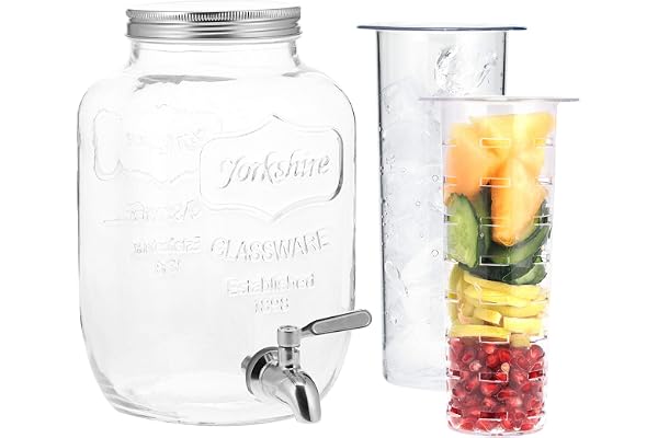 Navaris Distributeur de Boissons avec Robinet - Distributeur Boisson 4 L en Verre avec Couvercle et 2x Insert - Fontaine Eau Cocktail Jus Alcool