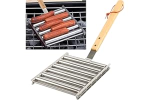 KAYCROWN Hot Dog Roller Wurstgestell mit extra langem Holzgriff, BBQ Griller für gleichmäßig gekochte Hunde, 5 Kapazität, Silber