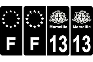 HADEXIA Lot de 4 Autocollants Stickers Plaque d'immatriculation Voiture 13 Blason Marseille Noir & F Europe
