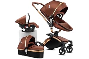 Reenborn PU-Leder Kinderwagen 3 in 1, Buggy mit Verstellbarem Sitz 360° Drehbar, Kinderwagen Rahmen Aluminiumlegierung, Kinderwagen 3 in 1 Komplettset Ein-Klick-Faltdesign Hohe Landschaft (906 Brown)