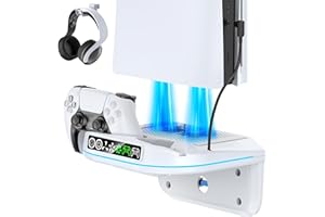 RYSKER Soporte de Pared para PS5 con Ventilador & Cargador Mando, Compatible con Consolas PS 5/Slim/Pro, Soporte de Refrigeración para PS5 con 3 Velocidades & Luz Ambiental RGB, Base de Carga PS5 Accesorios