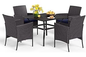MFSTUDIO 5 Piece Outdoor Patio Dining Set with 4 PE Rattan Chairs and 37" Steel Frame Slat Large Square Table with Umbrella Hole Outdoor Furniture for Backyard, Garden