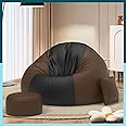 ComfyBean 4XL Bean Bag Chair with Beans Filled - Bean Bag Sofa with Footrest - 4XL Bean Bags for Living Room, Bedroom - Free Cushion & Footrest - Black Brown - ColorFlex Lounge Combo - Faux Leather