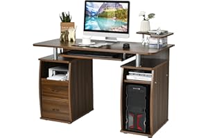 COSTWAY Biurko komputerowe z szufladami, wysuwana półka na klawiaturę, półka na drukarkę i stojak na procesor, biurko z miejscem do przechowywania, stół biurowy, stół roboczy, stół komputerowy do