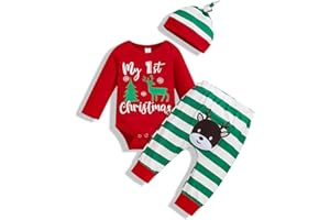 Wexuua My First Christmas Baby Mädchen Jungen Roter Strampler mit gestreifter Hose und Hut 3-teiliges Neugeborenen-Outfit-Set