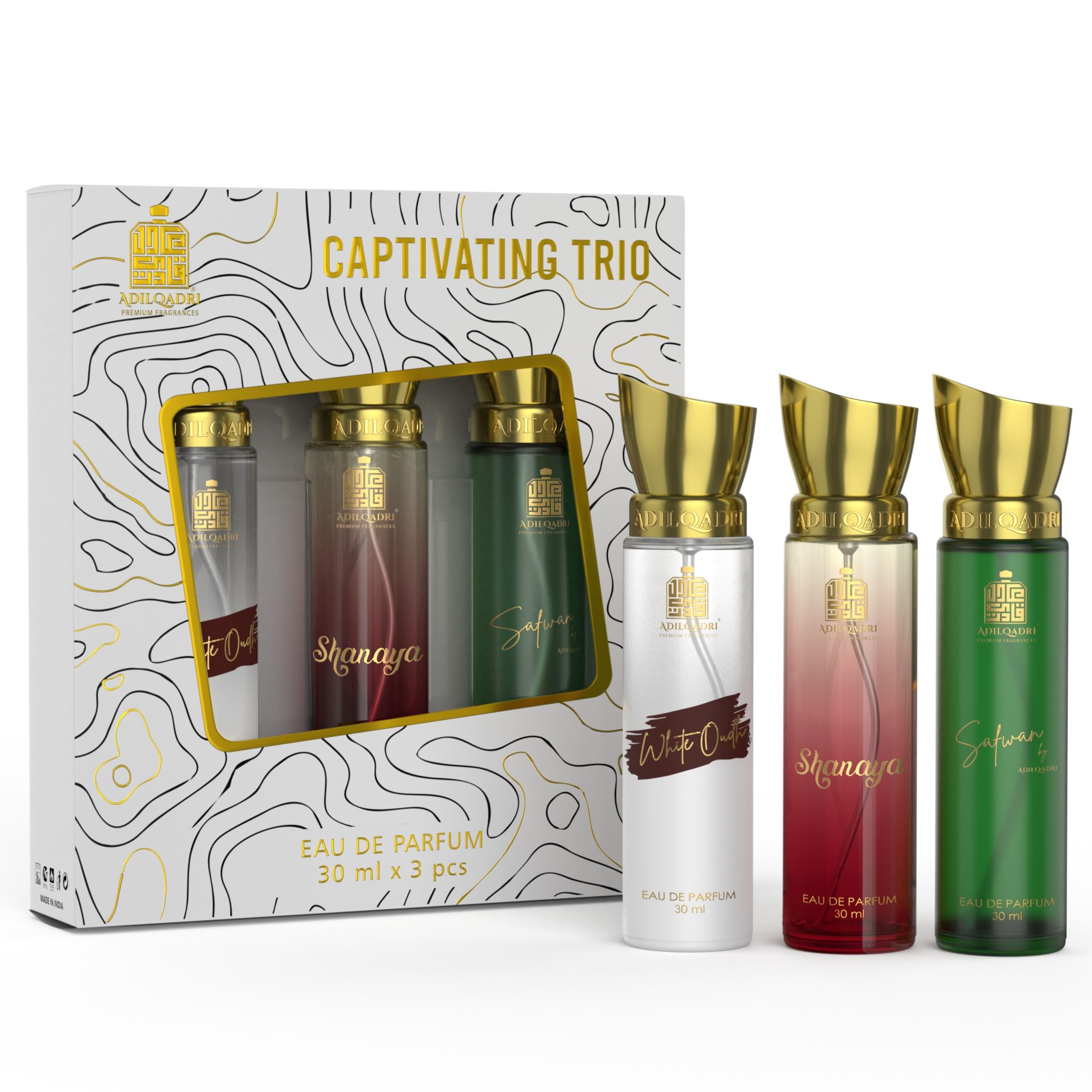 Adilqadri Captivating Trio Luxury Perfume Gift Set (3 x 30 Ml) | With Shanaya, White Oud, Safwan Perfume, Unisex Strong Woody