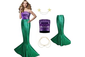 AYYOHON Mermaid Costume for Women, 4PCS Mermaid Outfit Sequin Tube Top Skirt Pearl Waist Head Chain for Halloween Cosplay