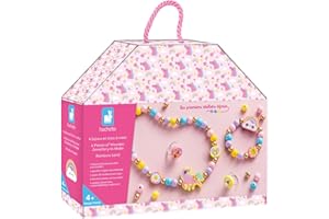 Janod - 4 drewniane elementy biżuterii do stworzenia Rainbow Land - pierwsze warsztaty jubilerskie - tworzenie biżuterii DIY - zestaw do kreatywnego spędzania wolnego czasu dla dzieci - nauka