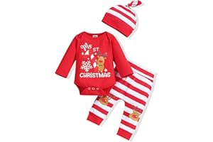 Wexuua My First Christmas Baby Mädchen Jungen Roter Strampler mit gestreifter Hose und Hut 3-teiliges Neugeborenen-Outfit-Set