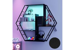 YU YUSING Étagère Vitrine Murale en Métal, LED 7 Couleurs, Bibliothèque Suspendue 2 Supports en Verre, 8 Crochets, Meuble Collection, Salon, Bar, Decoration Chambre Ado, Hexagone Finition Style Gaming
