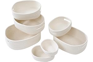 Mangata Set di 7 Cestini Ovali di Storage in Cotone Bianco, Intrecciati con Manici, Morbidi e Impilabili, Ideali per Camere, Bagno, Cucina e Arredamento