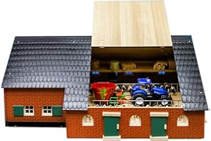 Kids Globe Kuhstall Holz mit Bauernhaus, Spielzeug Kuhstall Dach aufklappbar, Bauernhof mit Maßstab 1:32, Holzbauernhof, Holzstall, Bauernhof Spielzeug 610111