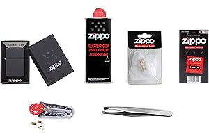 INFUN Kit d'équipement d'origine Zippo : Zippo Briquet noir mat + essence, pierres à feu, mèche, ouate et pince