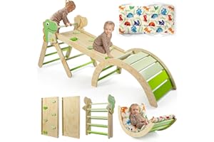 KHLEROX 7-in-1 Montessori Kletterdreieck Set mit Rutsche, Kletterbogen & weichem Kissen – Holz Klettergerüst für Babys & Kleinkinder ab 1–3 Jahre, Indoor Spielgerät, faltbar & sicher (Dinosaur)