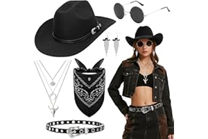 KYNDARA 5Pcs Western Cowboy Hat Set for Women, Cowgirl Costume Accessory Set with Hat Necklace Earring Belt Bandana for Masquerade Halloween Parties