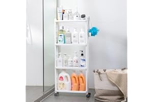 HAIXIN Carrito Auxiliar con Ruedas, Carro Cocina de 4 Niveles, Carrito Baño Blanco, Carro Auxiliar Cocina Estrecho 40 * 13.8 * 93cm