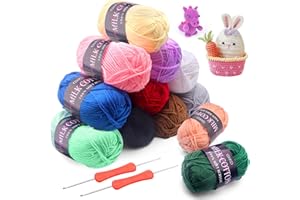 HOVIBU Laine à Tricoter et au Crochet Kit, 12 Couleurs Laine Crochet, 100% Acrylique Fil Coton pour Crochet avec 2 crochets, 12x50g Pelotes de Laine et Fils Pour Arts Faits à la Main