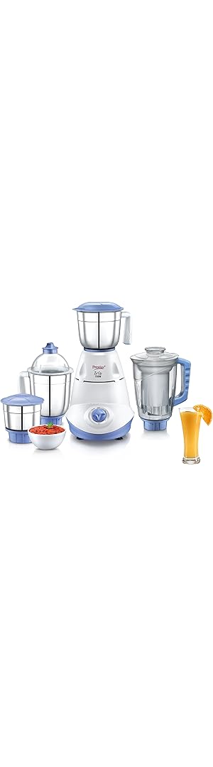 Prestige Iris 750 Watt Mixer Grinder with 3 Stainless Steel Jar + 1 Juicer Jar (White and Blue)