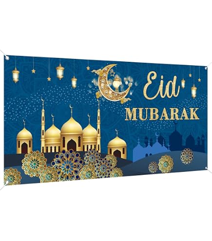Striscione Eid Mubarak Oro E Nero 180x30 Cm | Decorazione Festa Ramadan In Tessuto Con Luna E Stelle | Banner Per Parete E Tovaglia