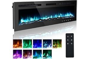 M.C.Haus Cheminée Electrique Ultra Fine, Silencieuse, 12 Flammes Différentes, Montage Mural Encastré, Ecran Tactile en Verre et Télécommande, avec Cristal et Bûches de Bois (178 cm, Noir)