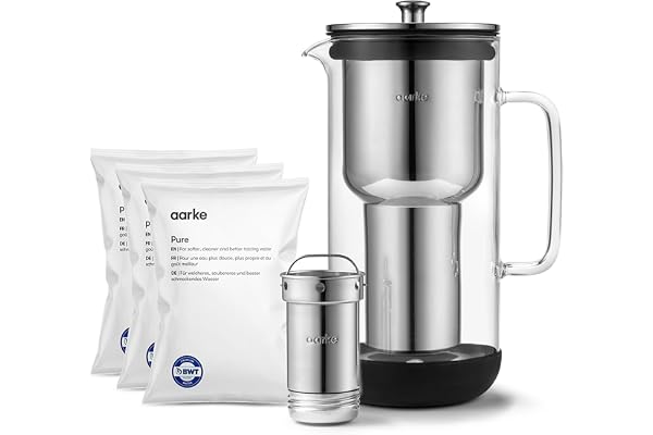 Aarke Purifier, carafe filtrante en verre et acier inoxydable (2,4 L / 10 tasses) + lot de 3 sacs de recharge de filtre Pure