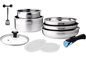 Arthur Martin AM0025 Batterie de cuisine amovible 10 pièces Acier Inoxydable Casserole avec bec verseur Poignée amovible tous feux dont induction